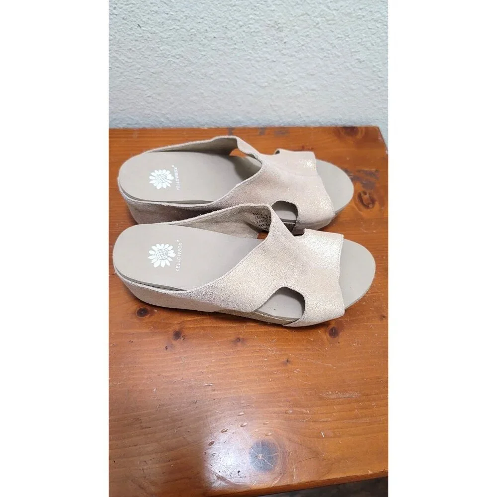 Yellowbox Basic Sage Leather  Metallic Womens Glittery Beige Wedge Sandals - Siz